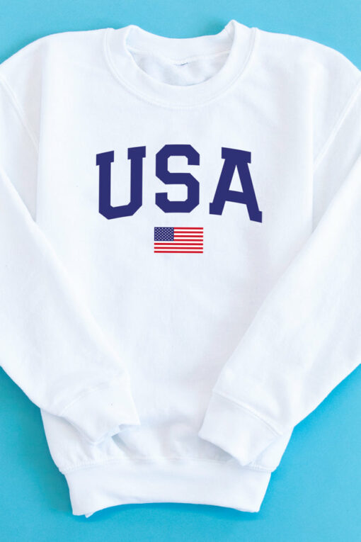 white sweatshirt with american flag