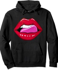 red lipstick and a hoodie