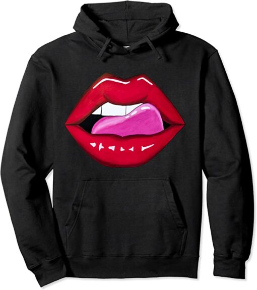 red lipstick and a hoodie
