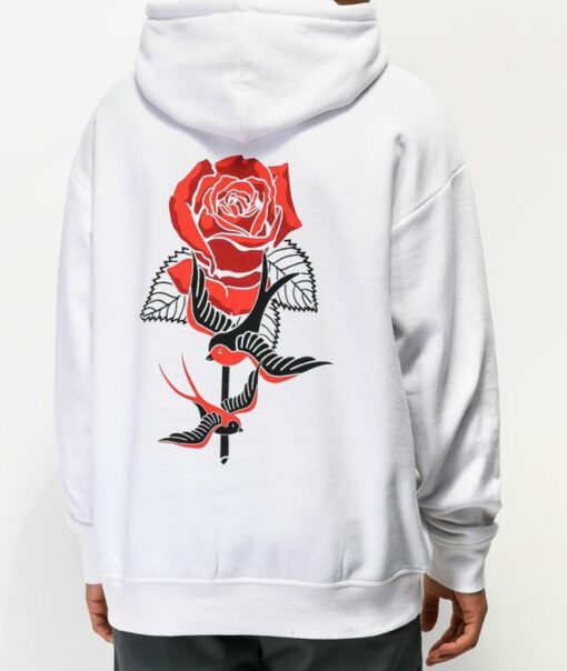 white hoodie with roses