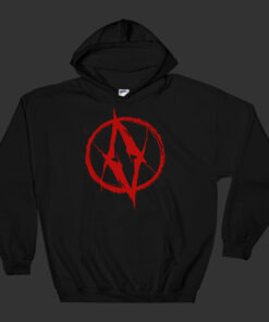 black hoodie with red design