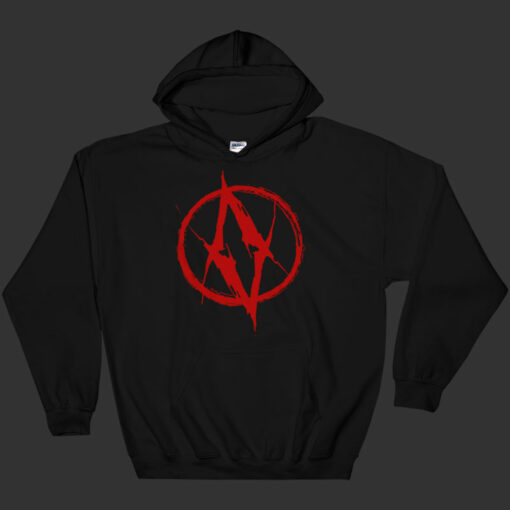 black hoodie with red design