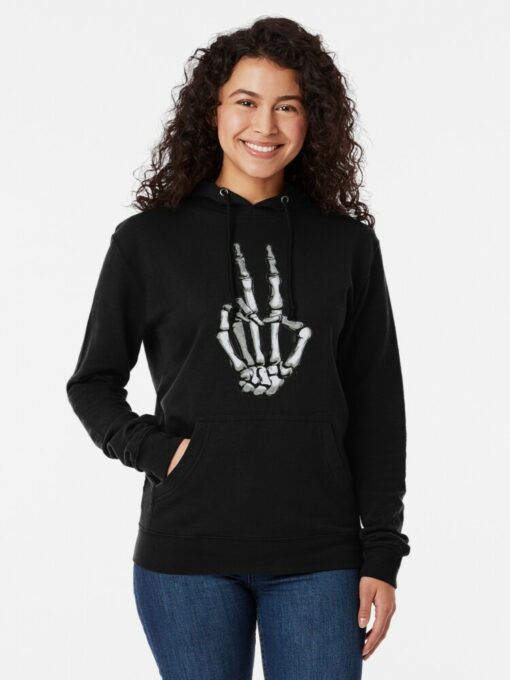 black hoodie with skeleton peace sign