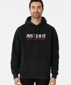 white hoodie with red writing